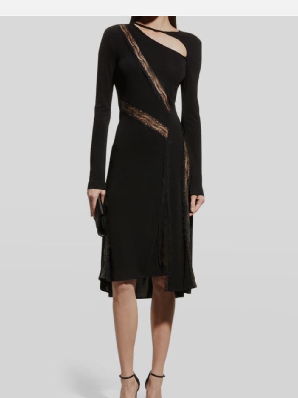 Black Long-Sleeve Asymmetric Cutout Midi Dress with Lace Insets